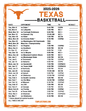 Texas Longhorns Basketball 2025-26 Printable Schedule - Mountain Times