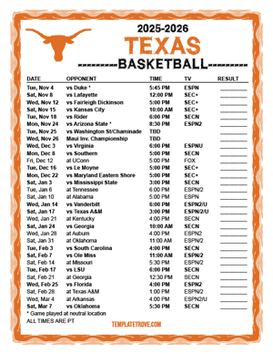 Texas Longhorns Basketball 2025-26 Printable Schedule - Pacific Times