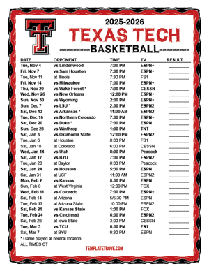 Texas Tech Red Raiders Basketball 2025-26 Printable Schedule - Central Times