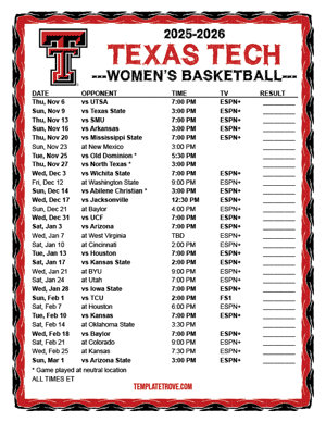 2024-25 Printable Texas Tech Red Raiders Women's Basketball Schedule