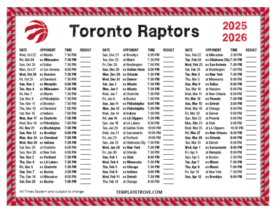 Toronto Raptors 2025-26 Printable Schedule