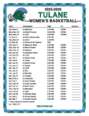 2024-25 Printable Tulane Green Wave Women's Basketball Schedule