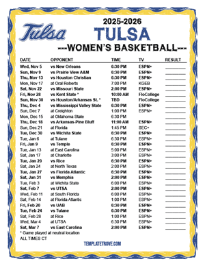 Tulsa Golden Hurricane women's basketball 2025-26 Printable Schedule - Central Times