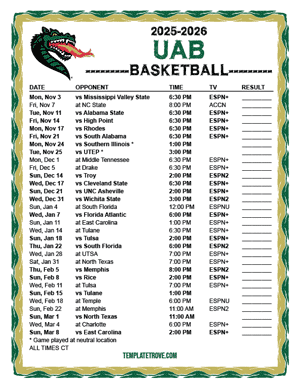 UAB Blazers Basketball 2025-26 Printable Schedule - Central Times