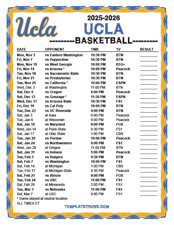 Printable 2025 2026 UCLA Bruins Basketball Schedule