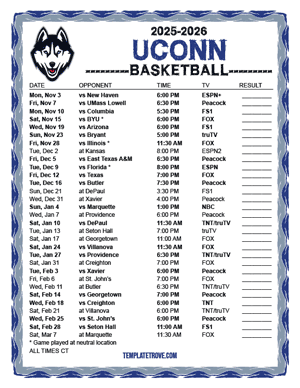 UConn Huskies Basketball 2025-26 Printable Schedule - Central Times