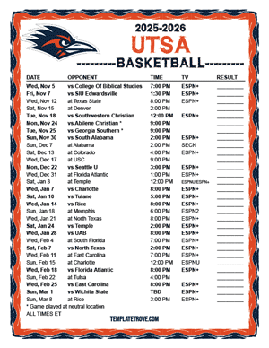 2024-25 Printable UTSA Roadrunners Basketball Schedule