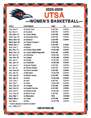 UTSA Roadrunners women's basketball 2025-26 Printable Schedule - Pacific Times