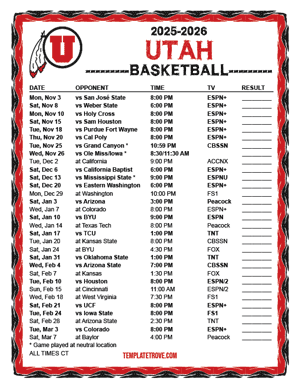 Utah Utes Basketball 2025-26 Printable Schedule - Central Times