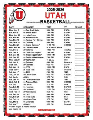 2024-25 Printable Utah Utes Basketball Schedule