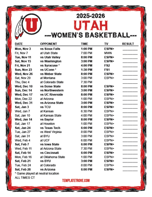 Utah Utes Women's Basketball 2025-26 Printable Schedule - Central Times