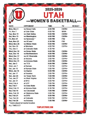 2024-25 Printable Utah Utes Women's Basketball Schedule