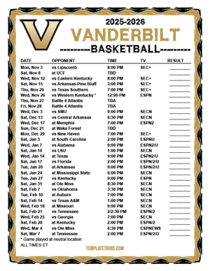 2024-25 Printable Vanderbilt Commodores Basketball Schedule