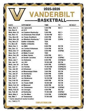 Vanderbilt Commodores Basketball 2025-26 Printable Schedule - Pacific Times