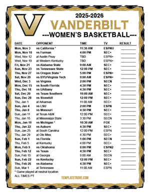 Vanderbilt Commodores women's basketball 2025-26 Printable Schedule - Pacific Times