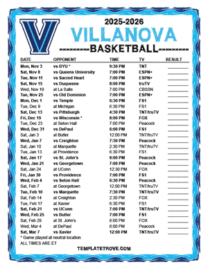 2024-25 Printable Villanova Wildcats Basketball Schedule