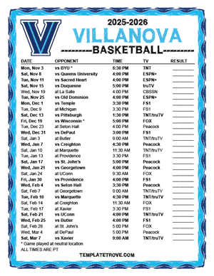 Villanova Wildcats Basketball 2025-26 Printable Schedule - Pacific Times