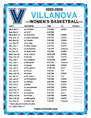 2024-25 Printable Villanova Wildcats Women's Basketball Schedule