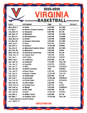 Virginia Cavaliers Basketball 2025-26 Printable Schedule - Central Times