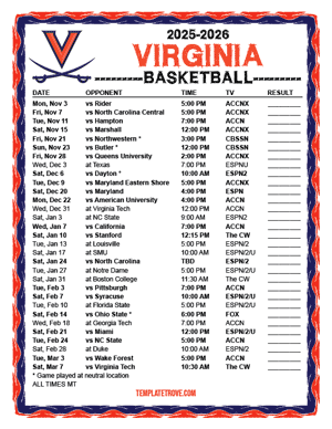 Virginia Cavaliers Basketball 2025-26 Printable Schedule - Mountain Times