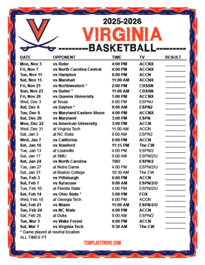 Virginia Cavaliers Basketball 2025-26 Printable Schedule - Pacific Times