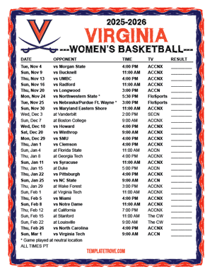 Virginia Cavaliers women's basketball 2025-26 Printable Schedule - Pacific Times