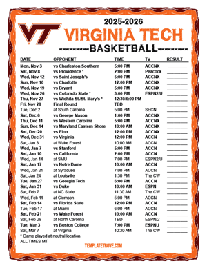 Virginia Tech Hokies Basketball 2025-26 Printable Schedule - Mountain Times