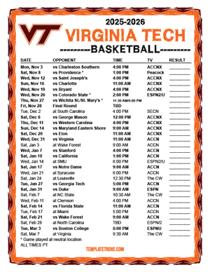 Virginia Tech Hokies Basketball 2025-26 Printable Schedule - Pacific Times