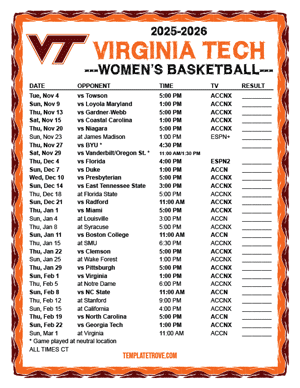 Virginia Tech Hokies women's basketball 2025-26 Printable Schedule - Central Times