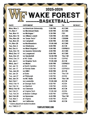 Wake Forest Demon Deacons Basketball 2025-26 Printable Schedule - Central Times