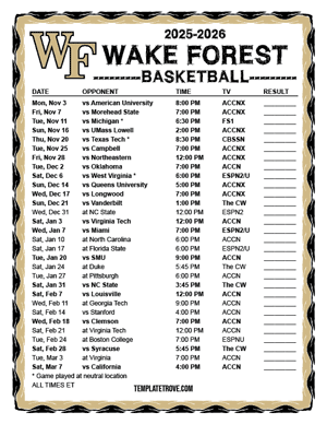 2024-25 Printable Wake Forest Demon Deacons Basketball Schedule