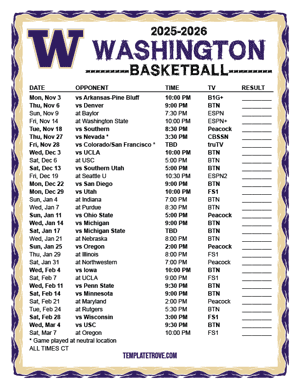 Washington Huskies Basketball 2025-26 Printable Schedule - Central Times