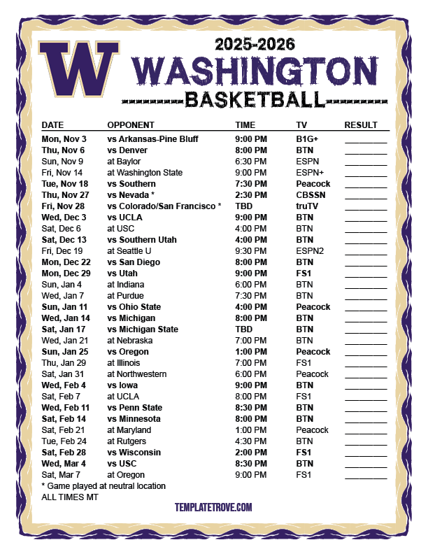 Printable 2025 2026 Washington Huskies Basketball Schedule