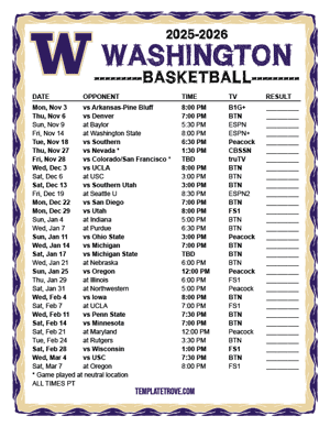 Washington Huskies Basketball 2025-26 Printable Schedule - Pacific Times