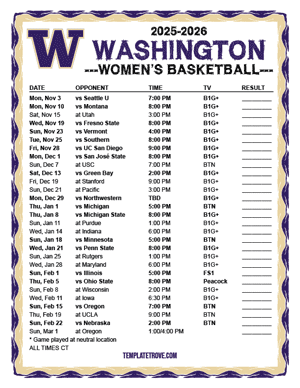 Washington Huskies Women's Basketball 2025-26 Printable Schedule - Central Times