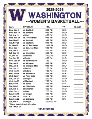 2024-25 Printable Washington Huskies Women's Basketball Schedule