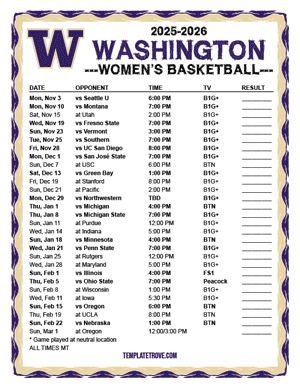Washington Huskies Women's Basketball 2025-26 Printable Schedule - Mountain Times