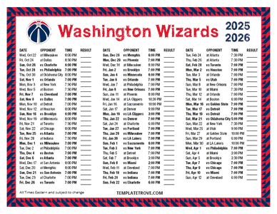 Washington Wizards 2025-26 Printable Schedule