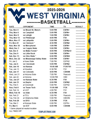 West Virginia Mountaineers Basketball 2025-26 Printable Schedule - Mountain Times
