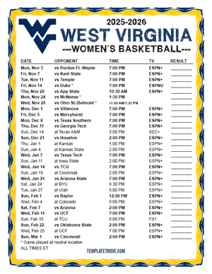 2024-25 Printable West Virginia Mountaineers Women's Basketball Schedule
