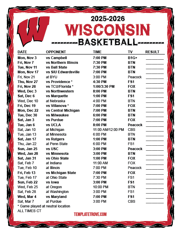 Printable 2025 2026 Wisconsin Badgers Basketball Schedule