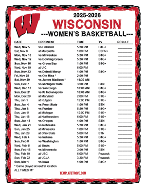 Wisconsin Badgers Women's Basketball 2025-26 Printable Schedule - Mountain Times
