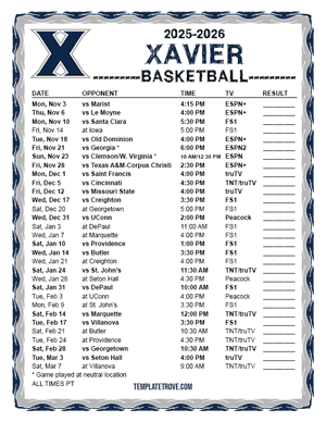 Xavier Musketeers Basketball 2025-26 Printable Schedule - Pacific Times