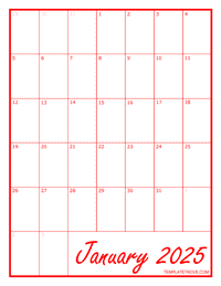 2025 Blank Monthly Calendar - Red