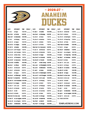 Anaheim Ducks 2026-27 Printable Schedule