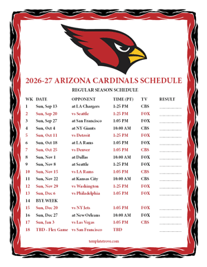 Arizona Cardinals 2026-27
 Printable Schedule - Pacific Times