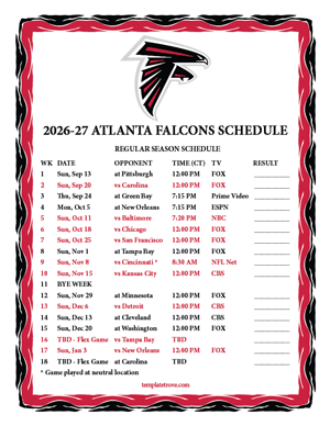 Atlanta Falcons 2026-27
 Printable Schedule - Central Times