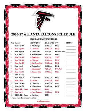 Atlanta Falcons 2026-27
 Printable Schedule - Mountain Times