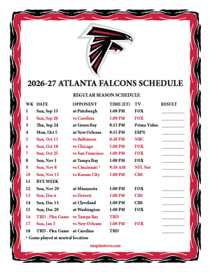 Atlanta Falcons 2026-27
 Printable Schedule