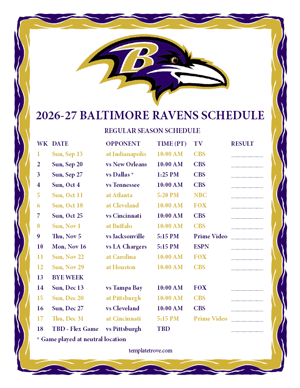 Baltimore Ravens 2026-27
Printable Schedule - Pacific Times